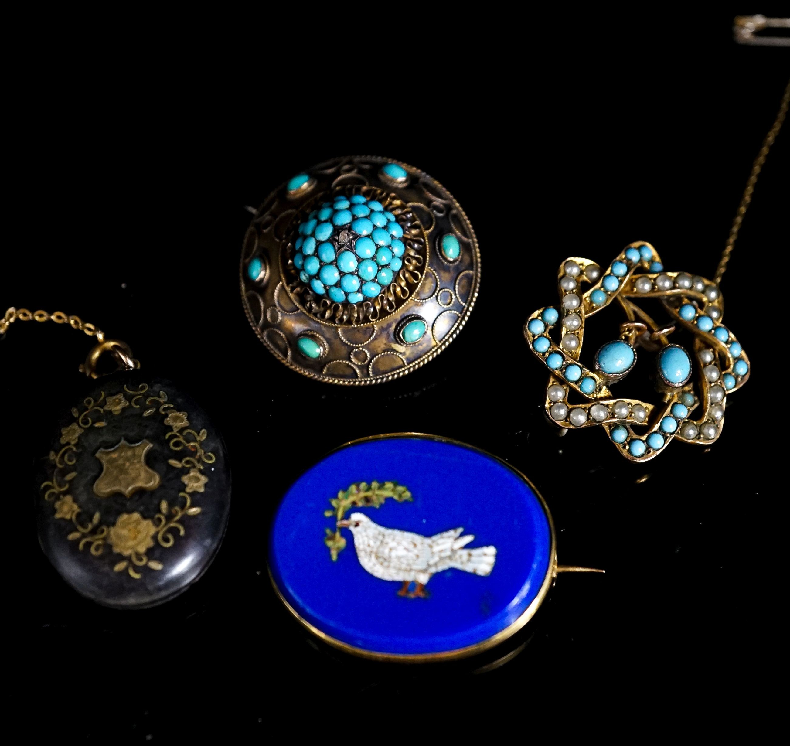 A yellow metal mounted micro mosaic oval brooch, 32mm, a Victorian mourning brooch, one other turquoise and split pearl brooch and a tortoiseshell pique locket on chain.